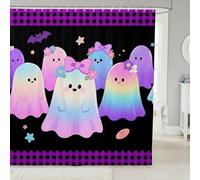 Manfei Tende da doccia con fantasmi carini e fiocchi in stile cartone animato, tende da bagno impermeabili a tema Halloween viola plaid con 12 ganci adatte per vasca da bagno, decorazione per la