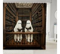 Manfei Tende da doccia con fantasmi carini retrò libreria, tende da bagno impermeabili a tema Halloween con 12 ganci, adatte per vasca da bagno, decorazione per la stanza dei bambini, ragazzi e