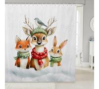 Manfei Tende da doccia per bambini con animali carini, cervi, volpi, conigli, fauna selvatica, Natale, decorazione per la casa, decorazione per la casa, tende impermeabili bianche gialle, 12 ganci
