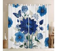 Manfei Tende floreali blu fiorite per camera da letto, 66 x 72 L, stile rustico da giardino, blocca il 30% -50% della luce, fiori ad acquerello con occhielli per decorazione della stanza, 2 pannelli