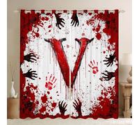 Manfei Tende per finestre con lettera V rossa, tinta ad acquerello, stampa di sangue e mani, tende per finestre a tema Halloween, decorazione per la stanza di bambini, ragazzi e ragazze, set di 2