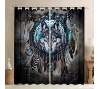 Manfei Tende per finestre con lupo acchiappasogni, stile indiano tribale Vedio, stile boho, esotico sud-ovest America, decorazione per camera da letto, stanza dei giochi, colore nero e blu, 2 pannelli