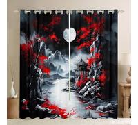 Manfei Tende per finestre in stile giapponese con fiori di ciliegio rosso e luna, tende per finestre vintage con natura montagna, decorazione per la camera da letto di bambini, ragazzi e ragazze, set