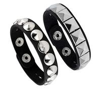 Manfnee 2Pcs Bracciale Punk Gothic Rock Nero Pelle Pu Alloy con Rivetti Biker Uomo Donna Regolabile