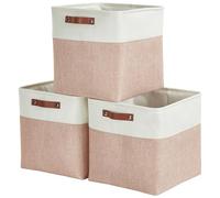 Mangata Collapsible Storage Cube Boxe, 25 cm cubo di lino, cesti di stoccaggio con manici in pelle, 3 pezzi (rosa e bianco)