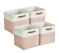 Mangata Collapsible Storage Cube Boxe, 25 cm cubo di lino, cesti di stoccaggio con manici in pelle, 4 pezzi (rosa e bianco)