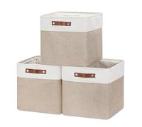Mangata Collapsible Storage Cube Boxe, 25 cm cubo di lino, cesti di stoccaggio in tessuto con manici in pelle, 3 pezzi (Light Kaki e Bianco)