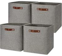 Mangata pieghevole scatole cubo di stoccaggio, 25CM cubo di lino tessuto cestini di stoccaggio con maniglie in pelle 4PCS (grigio)