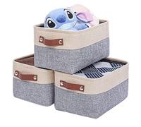 Mangata Set di 3 Cestelli di immagazzinaggio in Tessuto con Manici in Pelle, Scatola Portaoggetti Pieghevole per Vestiti, mensola, Giocattoli (Grigio/beige, Medium)