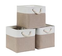 Mangata Set di 3 Scatole per Armadio,Cesto portaoggetti Tessuto, Cestino portaoggetti con Corde, 25 x 25 x 25 cm, per Guardaroba, Armadio, Scaffali (Pieghevole, Bianco Kaki Chiaro)