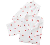 MANGGUO Pigiama da Donna con Risvolto,Pigiama A Due Pezzi con Motivo A Cuore Pesca Top in Cotone Casual A Maniche Lunghe Pantaloni Indumenti da Notte Morbidi Pigiama Primavera Autunno Inverno,Bianca