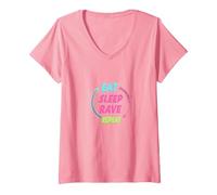 Mangiare Dormire Rave Ripeti Neon Party Lifestyle Maglietta con Collo a V, Donna, Rosa, S