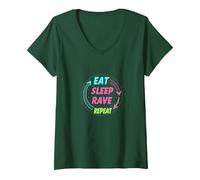 Mangiare Dormire Rave Ripeti Neon Party Lifestyle Maglietta con Collo a V, Donna, Verde Foresta, M