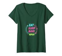 Mangiare Dormire Rave Ripeti Neon Party Lifestyle Maglietta con Collo a V, Donna, Verde Foresta, XXL