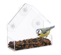 Relaxdays Mangiatoia per Uccelli, per Uccellini Selvatici, 3 Ventose, Dispenser con Tetto, HxLxP 15x15x7 cm, trasparente