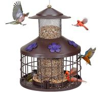 Mangiatoia per uccelli a prova di scoiattolo, 1,9 kg, in metallo rosso, retrattile, da appendere, con 3 tazze d'acqua, design facile da riempire dall'alto, per osservare gli uccelli da giardino (nero)