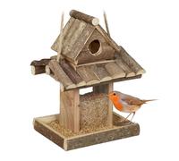 Relaxdays Mangiatoia per Uccelli, in Legno, con Dispenser per Mangime, Nido Artificiale, HLP 25x17,5x16 cm, Naturale