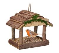 Relaxdays Mangiatoia per Uccelli, Casette in Legno Dispenser di Mangime da Esterno, Decorazione da Giardino, Marrone