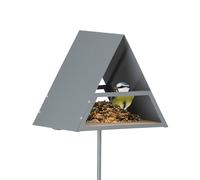 Relaxdays Mangiatoia per Uccelli, Casetta con Palo a Terra, Casa per Mangime da Esterno, 121x25,5x19,5 cm, Grigio Beige, Ferro