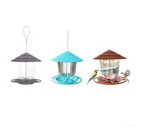 Mangiatoia rotonda da appendere per uccelli, in plastica resistente alle intemperie, con vassoio raccogli briciole e indicatore di livello alimentare trasparente (grigio)