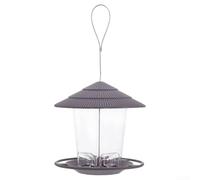 Mangiatoia rotonda in plastica da appendere per uccelli, con vassoio raccogli briciole, tetto protettivo e pannello centrale trasparente per un facile monitoraggio del livello all'aperto (grigio)