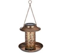 Mangiatoia solare in metallo per uccelli selvatici scavata da appendere con luce per giardino, cortile, patio, decorazione
