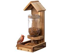 Navaris Mangiatoia per Uccelli - Porta Mangime per Uccellini da Esterno - Casetta in Legno da Appendere con Bottiglia di Vetro - Ricaricabile per Finestra Balcone e Giardino