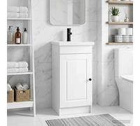 Mangloder - Armadietto da bagno con lavandino, in legno bianco lucido, 42 x 40 x 84,5 cm, con vano portaoggetti e bottoni in metallo, per mobili da bagno per ospiti, WC per ospiti
