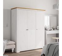 Mangloder - Armadio BODO bianco e marrone, in legno di pino massiccio, 146 x 53,5 x 173 cm, con 3 ante, asta appendiabiti, ripiano e spazio per camera da letto, corridoio e spogliatoio