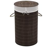 Mangloder - Cesto portabiancheria in bambù marrone scuro, rotondo, 35 x 60 cm, con sacchetto interno estraibile in poliestere, pieghevole, portatile, manici, per bagno, camera da letto, lavanderia
