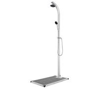 Mangloder - Doccia da giardino con piastra di base grigia in WPC, 220 cm, in alluminio, soffione da 15 cm e doccetta da 1,5 m, per piscina, idromassaggio, jacuzzi e giardino all'aperto in estate