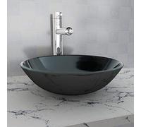 Mangloder Lavabo da appoggio in vetro temperato nero, 42 x 13 cm, spessore vetro 1,2 cm, foro di scarico 4,5 cm, per lavabo, bagno, WC degli ospiti e arredo moderno