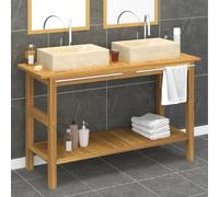 Mangloder - Lavabo in legno massello di teak con 2 vasche in marmo color crema, mobiletto da bagno con vano portaoggetti, portasciugamani, mensola e montaggio a parete per bagno, WC degli ospiti