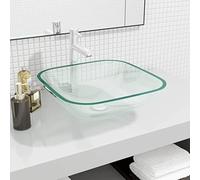 Mangloder - Lavabo in vetro trasparente, 42 x 42 x 14 cm, per bagno, WC degli ospiti e lavandino, vetro spesso 1,2 cm, con foro di scarico da 4,5 cm, per un design moderno