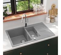 Mangloder - Lavello da cucina in granito, doppio lavello, grigio, 80 x 50 cm, con copertura in acciaio inox, resistente ai graffi, resistente al calore, per cucina, camper, campeggio, facile da