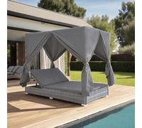 Mangloder - Letto da esterno con tende, in polyrattan, grigio, doppio lettino regolabile con 2 grandi cuscini, letto da giardino resistente alle intemperie, per terrazza, balcone, piscina e ore di