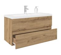 Mangloder - Mobile sottolavabo con lavabo da incasso e rubinetto in legno, 90 x 38,5 x 45 cm, con cassetto e porta, per bagno, montaggio a parete e pratico rubinetto