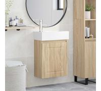 Mangloder - Mobile sottolavabo da bagno con lavabo in ceramica e rubinetto miscelatore, in legno di rovere Sonoma, 45,5 x 22,5 x 84 cm, con vano portaoggetti, porta reversibile