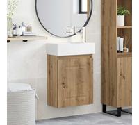 Mangloder - Mobile sottolavabo da bagno, in rovere Artisan, con lavabo in ceramica e rubinetto argentato, montaggio a parete, con porta reversibile, ideale per WC degli ospiti e bagno moderno
