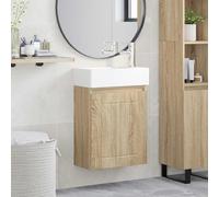 Mangloder - Mobile sottolavabo da bagno, in rovere Sonoma, con lavabo in ceramica e rubinetto, montaggio a parete, molto capiente, porta reversibile, dimensioni compatte, mobile da bagno per ordine e