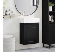 Mangloder - Mobile sottolavabo da bagno, nero, con lavabo in ceramica e rubinetto miscelatore, montaggio a parete, in legno, con vano portaoggetti, porta reversibile, dimensioni compatte