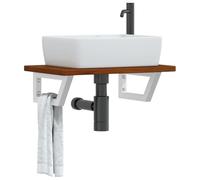 Mangloder Piano Lavabo in Legno Massello di Rovere con Supporto in Acciaio, 60x40cm, Trapezoidale, Portata 100kg, per Bagno, Montaggio a Parete, Pratico Mensola e Portasciugamani