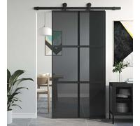 Mangloder Porta scorrevole nera, 102,5 x 205 cm, in vetro temperato e alluminio, con linea decorativa, per la privacy, telaio resistente, per interni, look moderno, chiusura silenziosa
