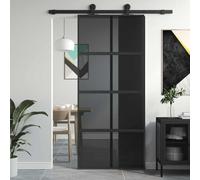 Mangloder - Porta scorrevole nera, 90 x 205 cm, in vetro temperato e alluminio, con linea decorativa, privacy, telaio resistente, adatta per interni, apertura e chiusura silenziosa