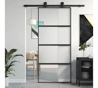 Mangloder - Porta scorrevole nera, 90 x 205 cm, in vetro temperato e alluminio con vetro trasparente opaco, per interni, sicurezza, isolamento acustico, protezione antifurto e divisorio moderno
