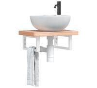 Mangloder - Scaffale per lavandino, montaggio a parete, in acciaio e legno massello di faggio, 50 x 35 cm, con 2 supporti, bianco, per mobili da bagno e lavandino, portaoggetti per cosmetici