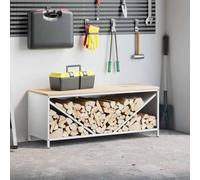 Mangloder Scaffale per legna da ardere con piano in legno bianco, in acciaio laminato a freddo e legno di pino massiccio, 100,5 x 35,5 x 40 cm, portata 100 kg, per camino, forno, soggiorno e terrazza