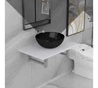 Mangloder Set di 2 mobili da bagno in ceramica bianca con lavandino rotondo, mensola da parete in legno e telaio in metallo, 60 x 40 x 16,3 cm, salvaspazio, per bagno, WC degli ospiti, facile