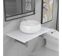 Mangloder - Set di 2 mobili da bagno in ceramica bianca con mensola da parete 60 x 40 x 16,3 cm e lavabo rotondo da 40 cm, lavabo da appoggio per bagno, ospiti, WC salvaspazio ed elegante