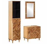 Mangloder - Set di 3 armadietti da bagno in legno di mango massiccio con cassetti e pomelli in ottone, mobiletto sottolavabo, specchio e armadietto alto, montaggio a parete